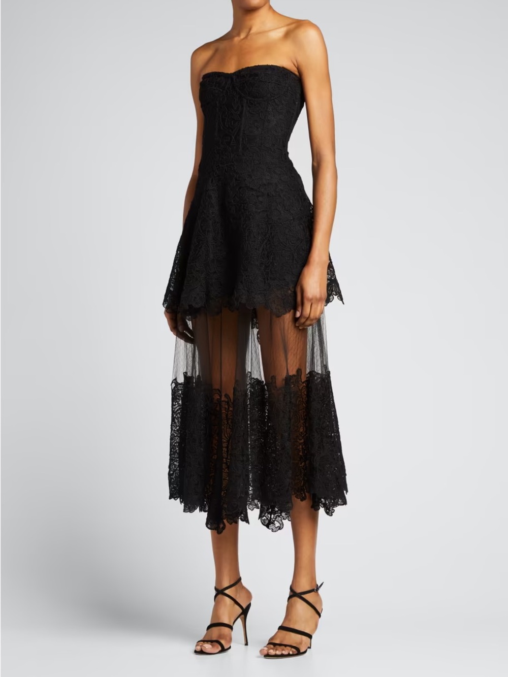 Jonathan Simkhai Black Strapless Lace High-Low Dress with Sheer Tulle Panels